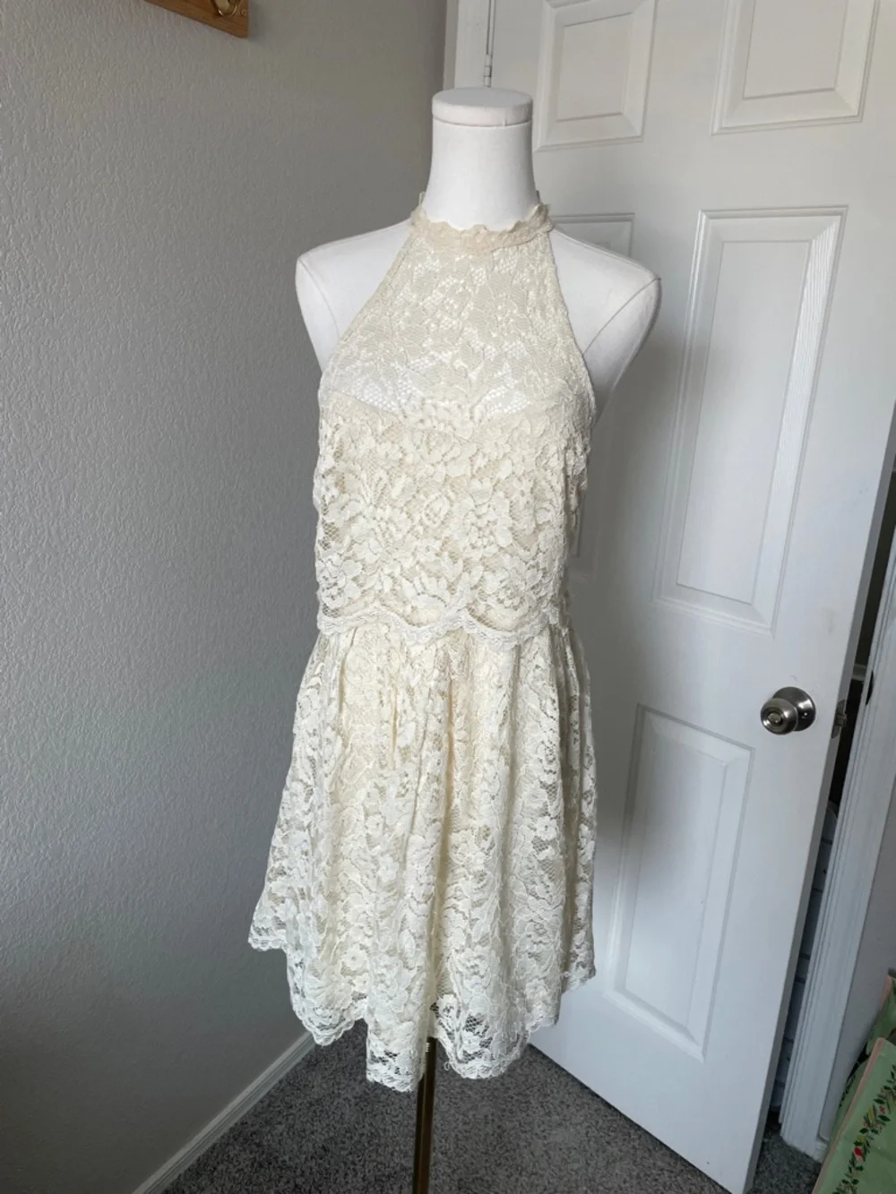 Free People Ivory Lace Backless Halter Mini Dress - Picture 3 of 5